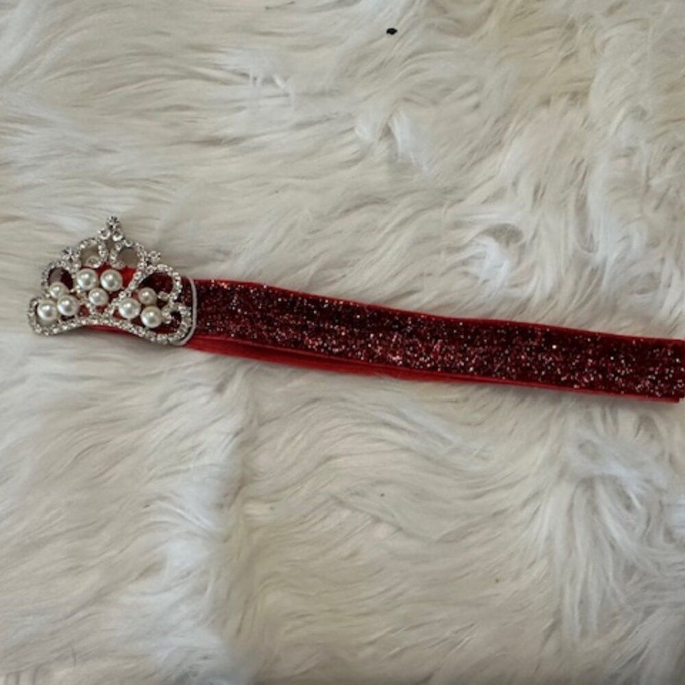 Pearl and Rhinestone Crown on Red Shimmer FOE Headband    7632 Handmade NWT Bout